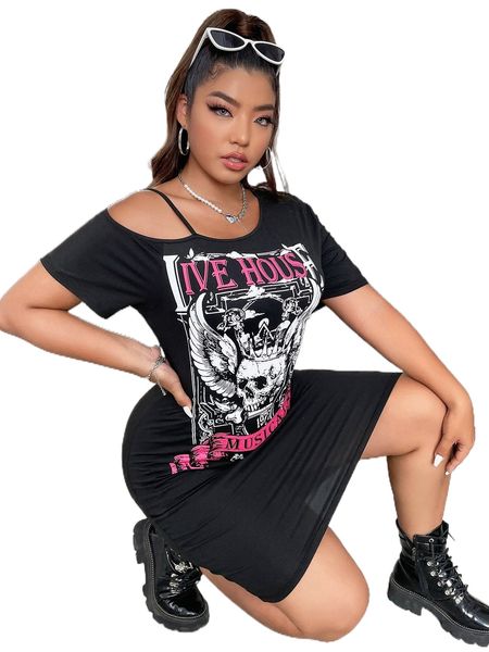 

plus skull & letter graphic asymmetrical neck bodycon dress q8n3#, Black