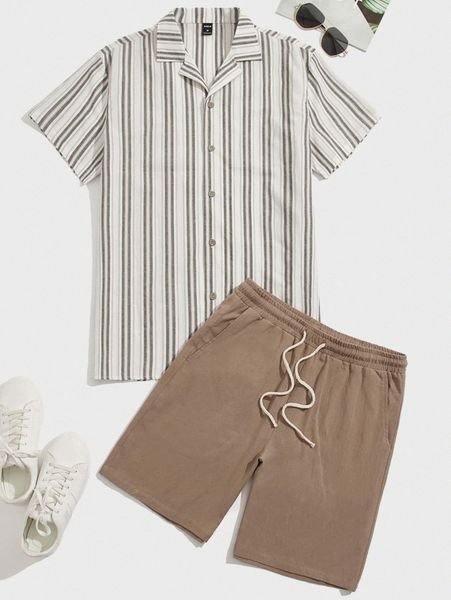 

men striped button through shirt & drawstring shorts c7ta#, Gray