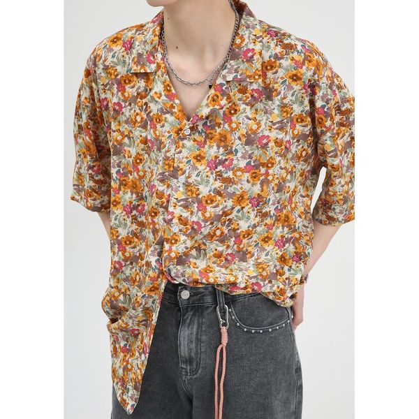 Camisas casuais masculinas masculinas havaian Button Down Short Sleeve Beach Men Summer Aloha Fit Fit Fit vintage Amarelo Floralmen's