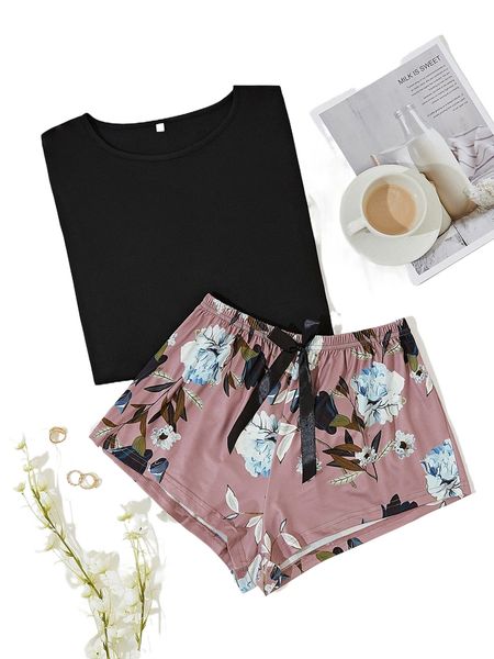 

solid tee & floral print tie front shorts pj set 36x3#, Black;red