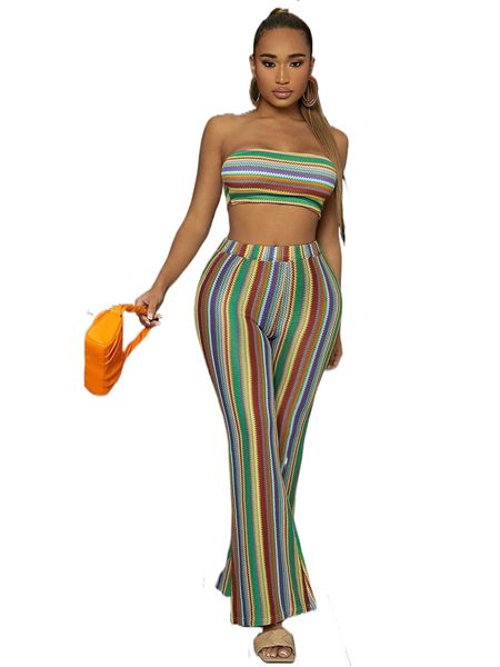 

sxy block striped tube & flare leg pants f85q#, White