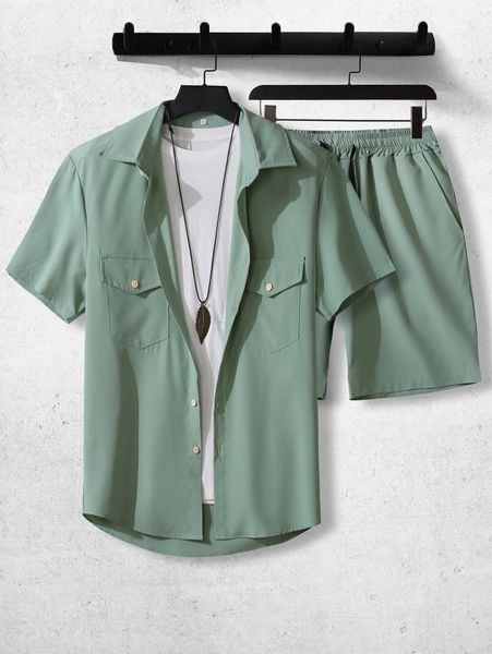 

men flap pocket button through shirt & drawstring shorts without tee v4zz#, Gray