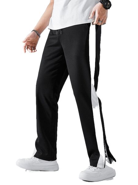 

men contrast side seam split hem drawstring sweatpants z1tp#, Black