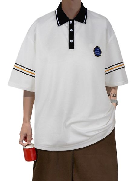 

men striped & slogan graphic contrast collar polo shirt x3y6#, White;black