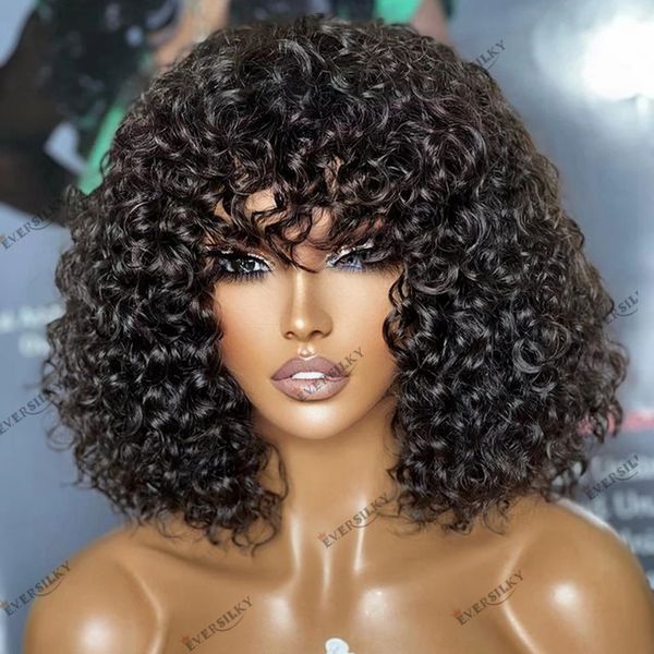 Instalar fácil instalação natural de cabelos humanos curiosos feitos para mulheres negras com BANG 180 densidade Remy Brasileiro Fringe Wigs