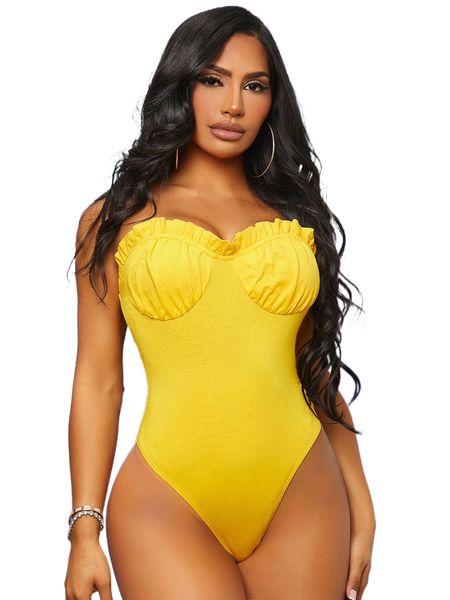 

sxy frill trim ruched bust bodysuit x674#, White
