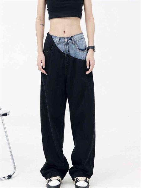 

splicing fake two pieces black thin jeans women's summer high-waisted loose design mopping wide-leg denim trousers female pants t220728, Blue