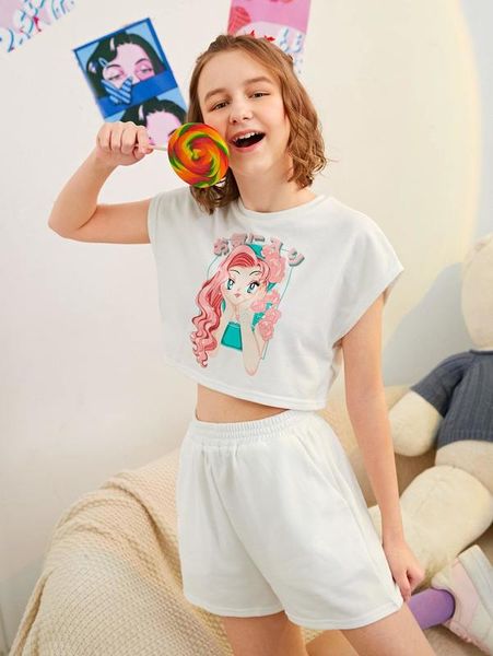 

teen girls japanese letter & figure graphic tee & shorts set she, White
