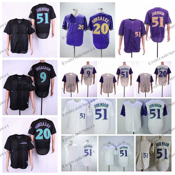 Vintage 2001 Arizona Beyzbol Formaları 51 Randy Johnson 9 Matt Williams 20 Luis Gonzalez Mor Siyah Retro Gömlekler Erkek Retro Beyaz Dikiş