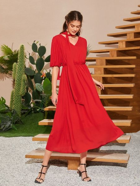 

solid puff sleeve dress with scarf 710l#, Black;gray