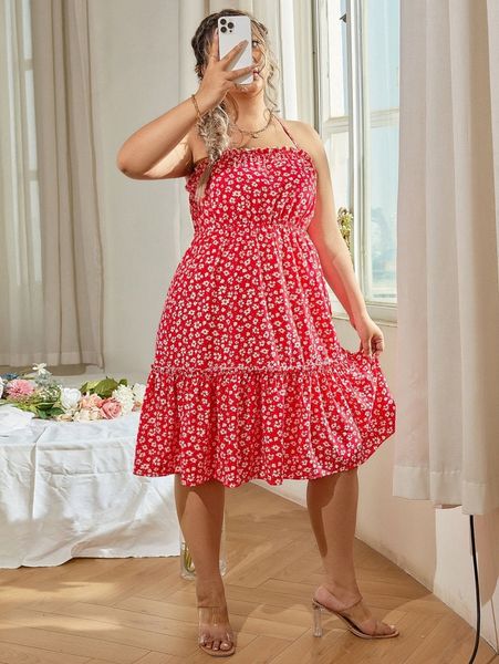 

plus ditsy floral print backless ruffle hem halter dress y4jo#, Black