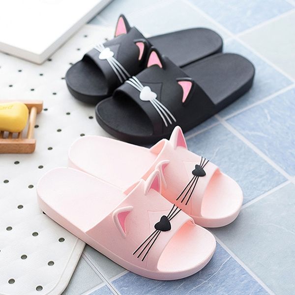 

cutecat ear designer women home slippers summer indoor bathroom ladies slides flip flops home flats lovers shoes men slippers 210301, Black