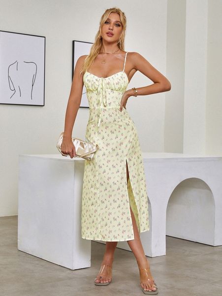 

parthea ditsy floral ruched bust high split dress c796#, Black;gray