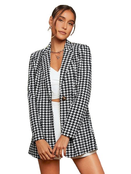 

houndstooth single button blazer d87m#, White
