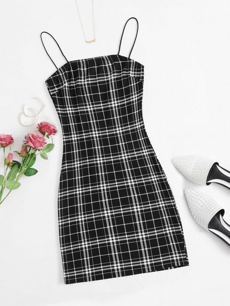 

plaid slip dress v0o8#, Black;gray
