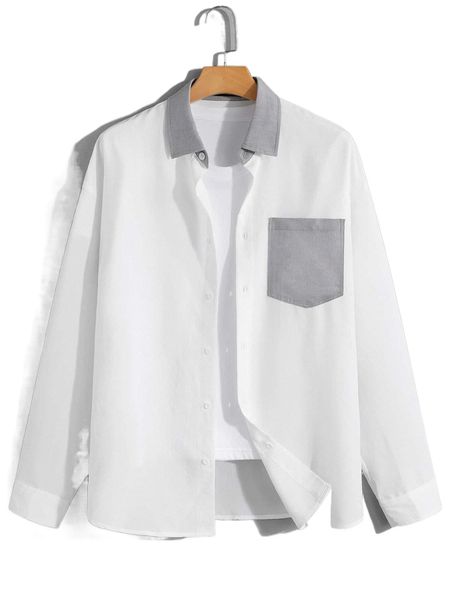 

men contrast collar patched pocket shirt without tee g7ae#, White;black