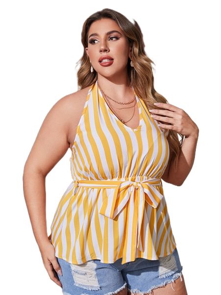 

plus striped peplum belted halter e35x#, Black