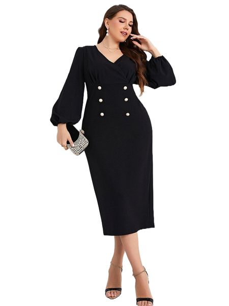 

plus double breasted overlap collar lantern sleeve dress y7df#, Black