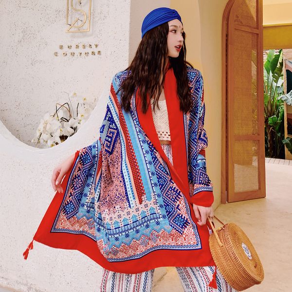 

Scarves Spring Summer New Retro Ethnic Style Beach Towel Cotton and Linen Vacation Sun Protection Silk Scarf Fashion Travel Scarf Womens Shawl