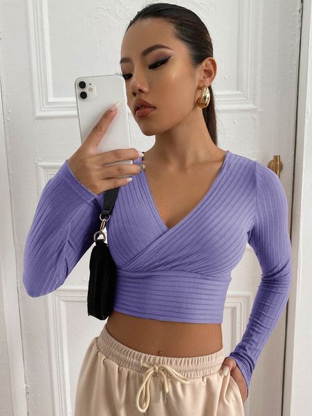 

surplice neck rib-knit crop tee i657#, White