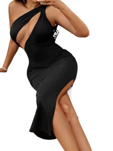 

sxy one shoulder cut out split thigh dress h5yc#, Black;gray