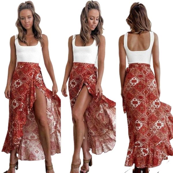

skirts goocheer fashion ladies boho chic ruffles women's high waist floral split bandage jersey gypsy sarong skirt b40w#, Black