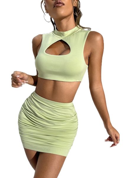 

petite mock neck cut out tank & ruched bodycon skirt r7kt#, White