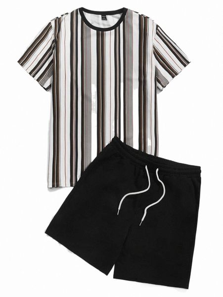 

men striped tee & drawstring waist shorts set g6al#, Gray
