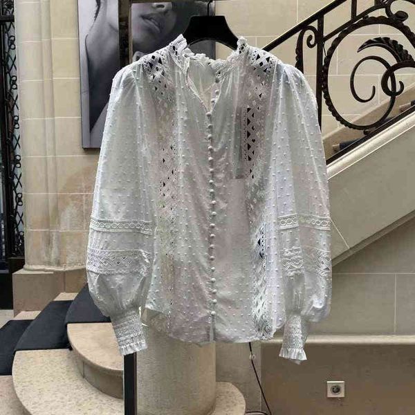 

women's polos t spring and summer french lady style lace hollow out single breasted solid color long sleeved shirt, White