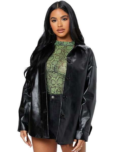 

petite drop shoulder pu leather coat h9qs#, Black