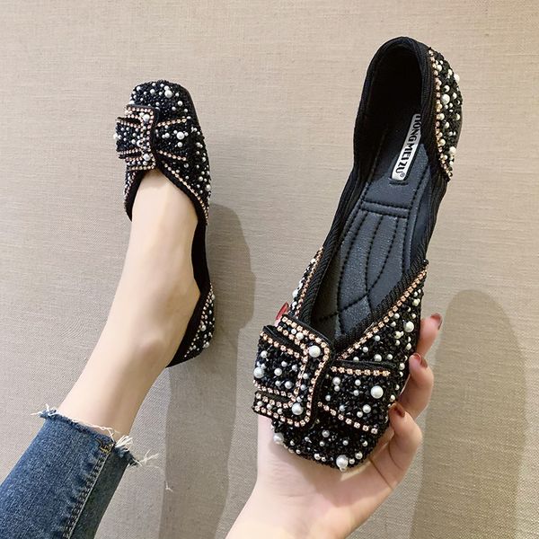 

gaun berlian kristal bling flat balet wanita manikmanik busur wanita sepatu tunggal berlian imitasi glitter ujung persegi ukuran plus 220614, Black