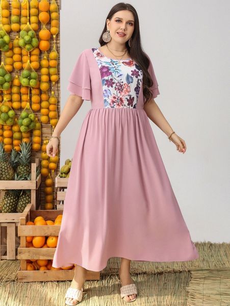 

plus layered sleeve floral panel a-line dress c3ai#, Black