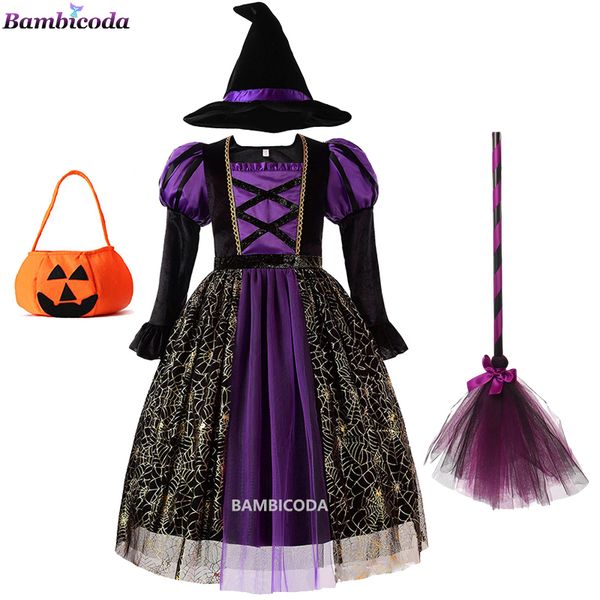 

special occasions halloween children girls witch party dress gothic ghost costume kids gown robe tutu hat for purim carnival 220826, Blue