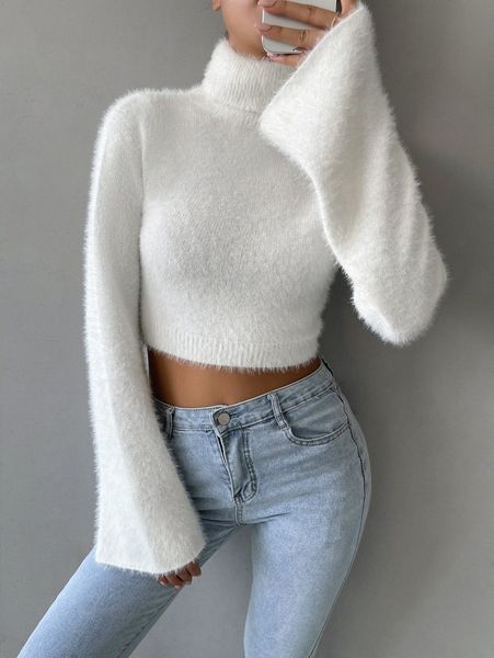 

rolled neck crop fuzzy sweater v6cm#, White;black