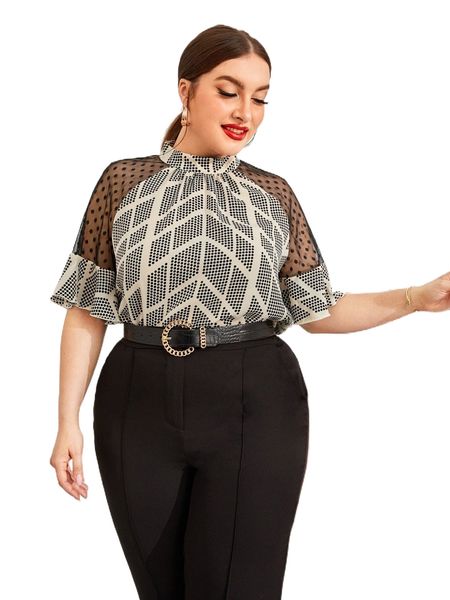 

plus polka dot print mesh panel flounce sleeve blouse h8ud#, Black
