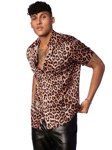 

men leopard print button front shirt a0xs#, White;black