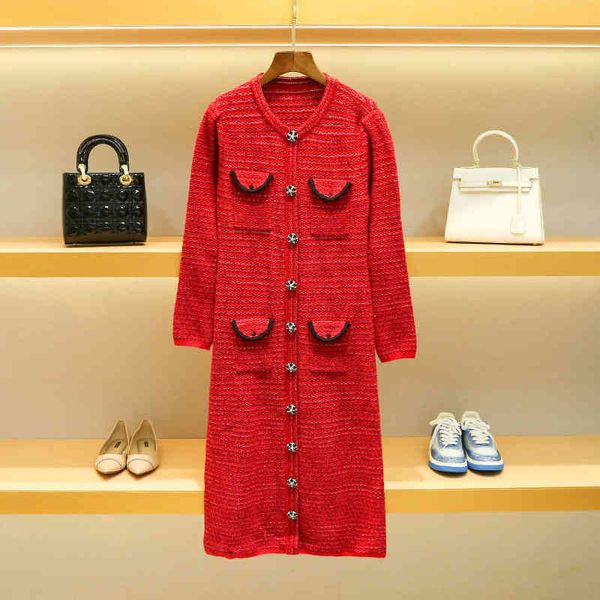 

sp xiaoxiangfeng knitted dress women's spring round neck single breasted red, Black;gray