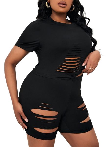 

plus ladder cut tee & biker shorts g1ll#, Black