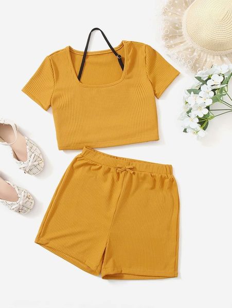 

girls ribbed knit tee & bow front shorts & halter she, White