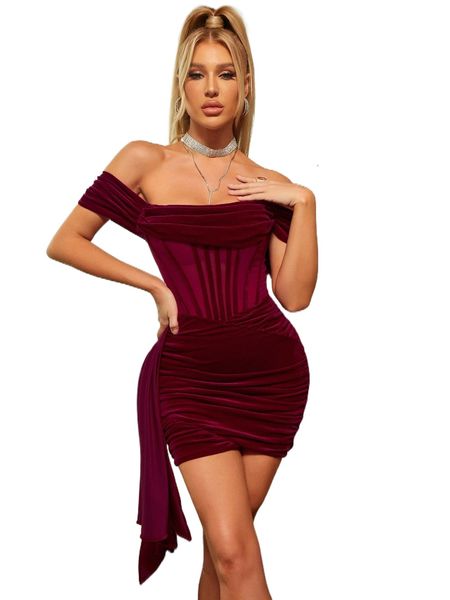 

parthea off shoulder ribbon detail bustier velvet bodycon dress g1ys#, Black;gray