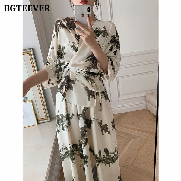 

vintage printed women 2 pieces set v-neck loose female blouses &amp elastic high waist midi skirts ladies outfits 2021, White