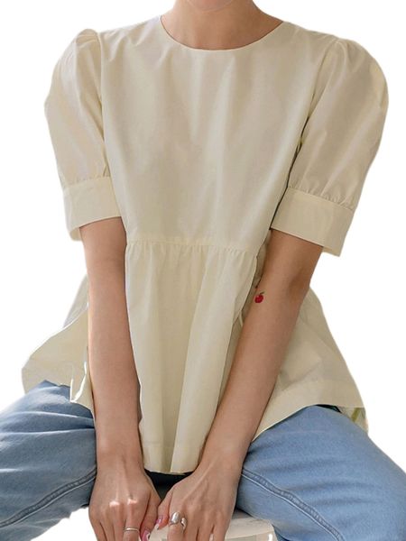 

dazy solid puff sleeve tie back babydoll blouse m4ed#, White