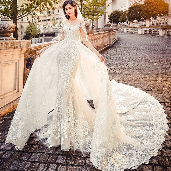 Abito da sposa a sirena Arrivo Pizzo Manica lunga Musulmano Vestido De Noiva Appliques romantiche Abiti con volant Zuhair Murad Abito da sposa 2022