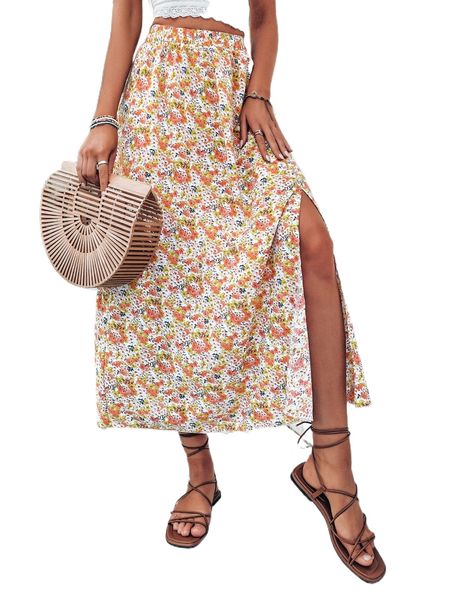 

allover floral print split thigh skirt 53vj#, Black