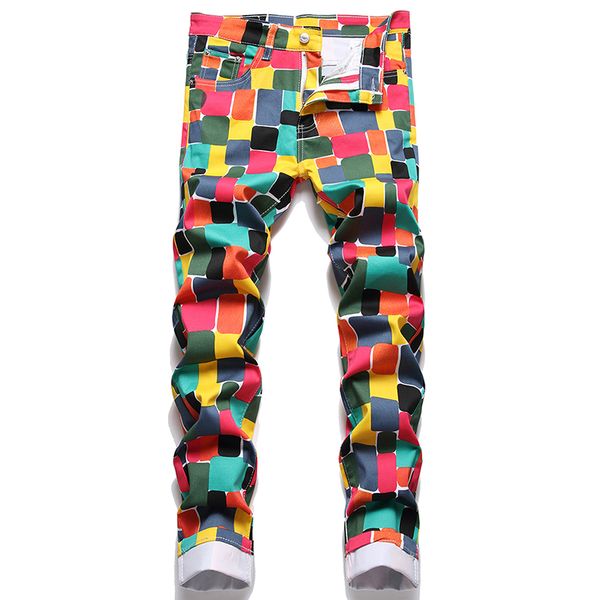

summer stretch men's jeans digital printing cotton denim pants fashion slim mid-waist casual streetwear pantalones de hombre, Blue