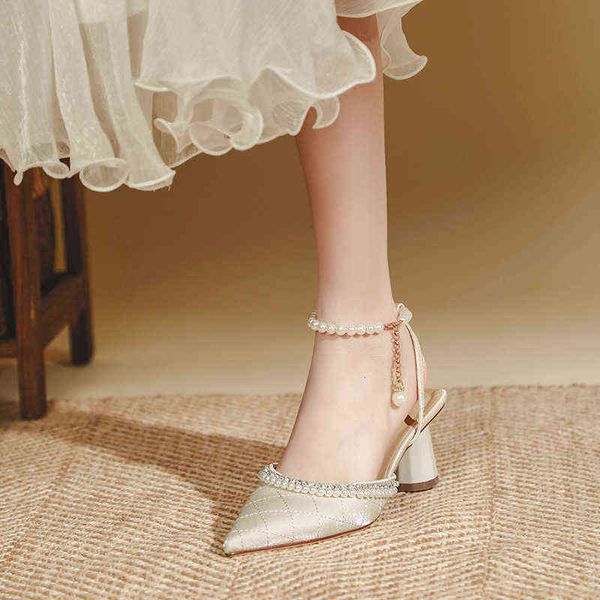 

designer women's high heels casual shoes french baotou single 2022 spring fairy wind pointed pearl chain fashion women's shoes hig, Black