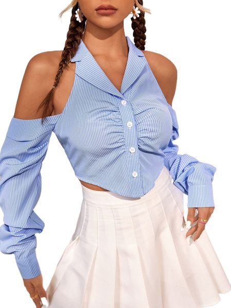 

cold shoulder ruched front shirt a80s#, White