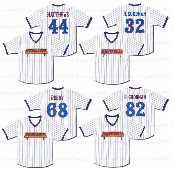 

benchwarmers baseball jersey 82 richie goodman 44 matthews 32 howie goodman 68 reedy stitched white men's pinstriped jerseys, Blue;black