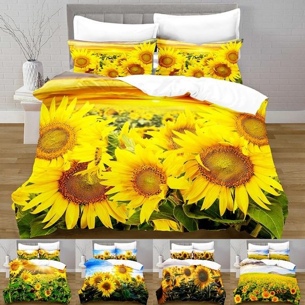 Bettwäsche-Sets, 100 % Polyester, Sonnenblumen-Bettbezug, Digitaldruck-Set mit Kissenbezug, Bett für Mädchen, Quilt-Set, Bettwäsche