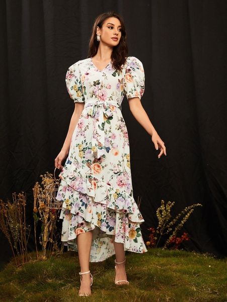 

allover floral print belted layered hem dress s671#, Black;gray